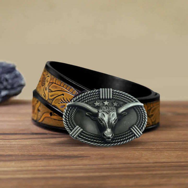 Ceinture en cuir à boucle tête de taureau rétro à cinq étoiles pour homme