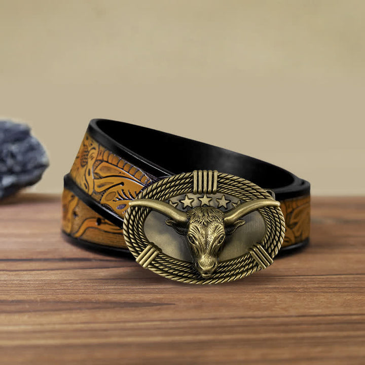 Ceinture en cuir à boucle tête de taureau rétro à cinq étoiles pour homme