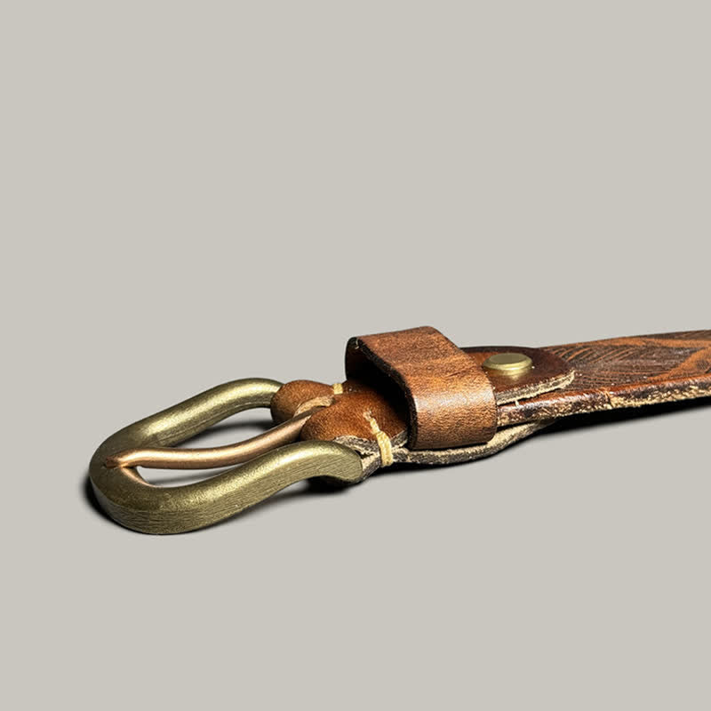 Ceinture en cuir gaufré personnalisée avec feuilles de plantes vieillies