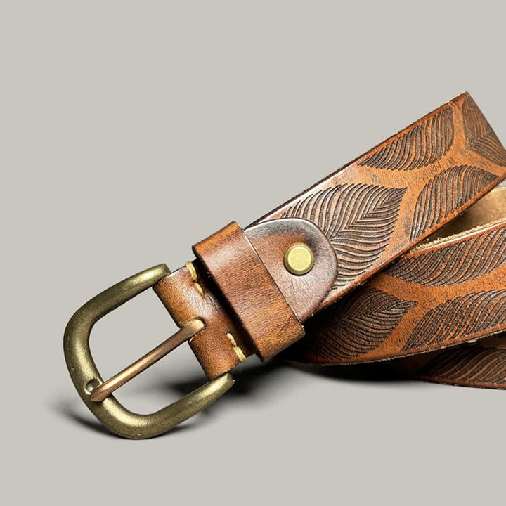 Ceinture en cuir gaufré personnalisée avec feuilles de plantes vieillies