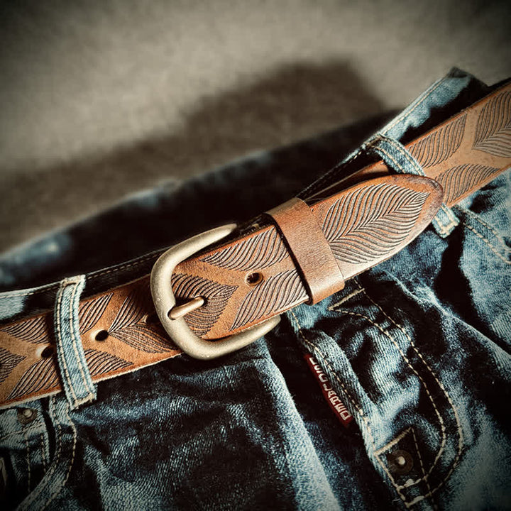 Ceinture en cuir gaufré personnalisée avec feuilles de plantes vieillies
