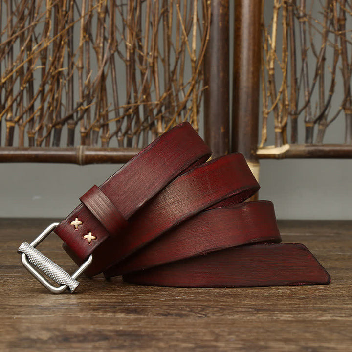 Ceinture en cuir lisse réglable à boucle rétro vieillie