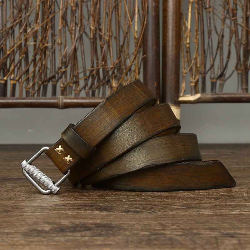 Ceinture en cuir lisse réglable à boucle rétro vieillie