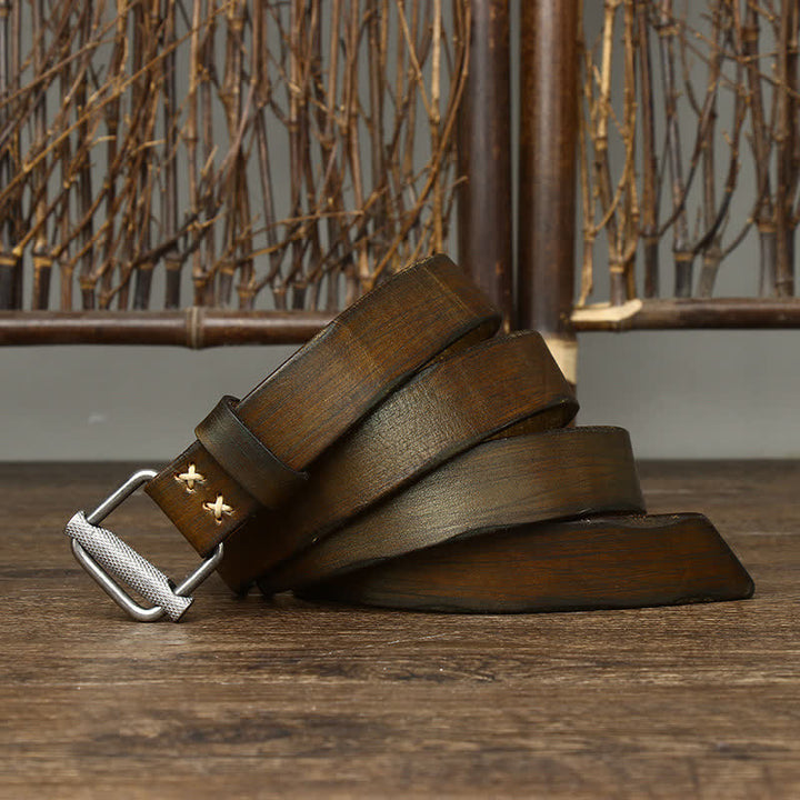 Ceinture en cuir lisse réglable à boucle rétro vieillie