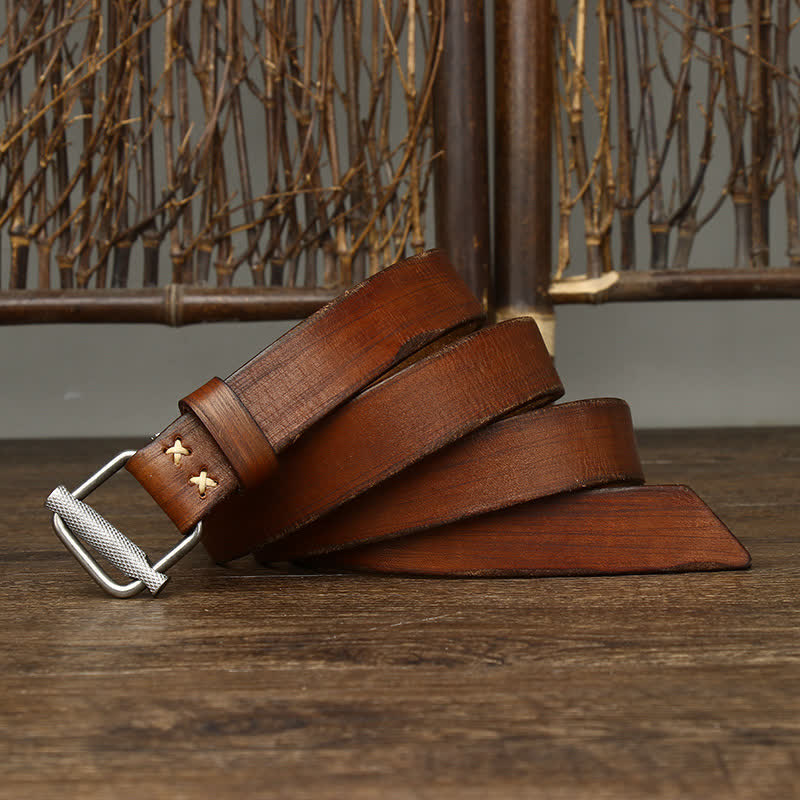 Ceinture en cuir lisse réglable à boucle rétro vieillie