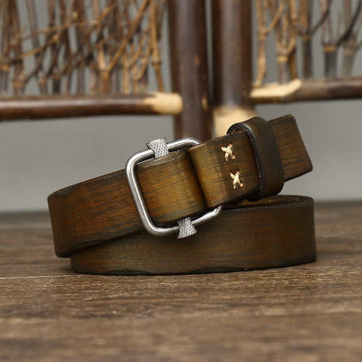 Ceinture en cuir lisse réglable à boucle rétro vieillie