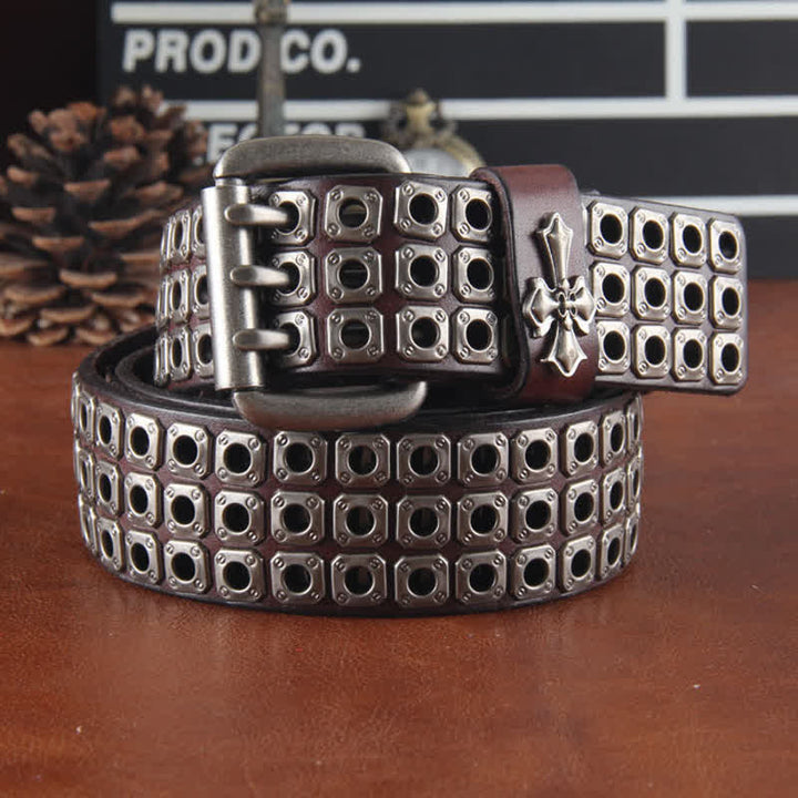 Ceinture en cuir élégante à trois rangées de rivets croisés