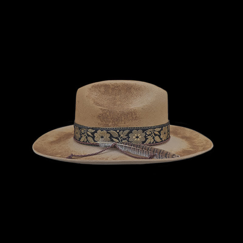Chapeau de cowboy en laine avec plumes décoratives et fleurs jacquard
