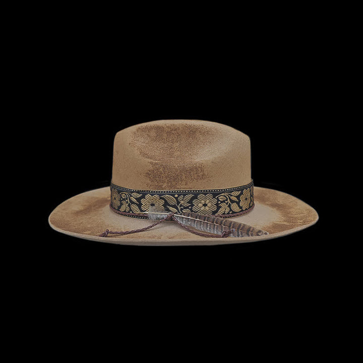 Chapeau de cowboy en laine avec plumes décoratives et fleurs jacquard