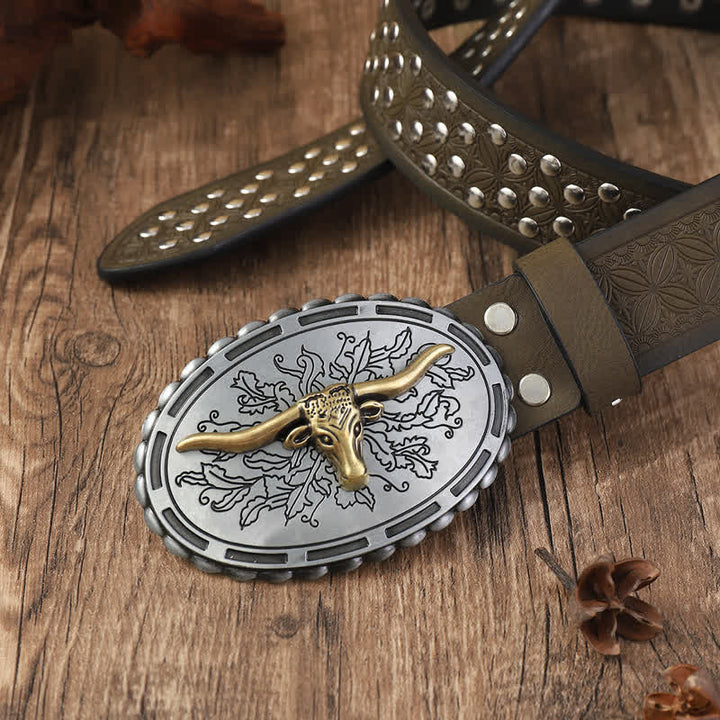 Ceinture en cuir pour homme avec rivets en forme de tête de taureau argentée