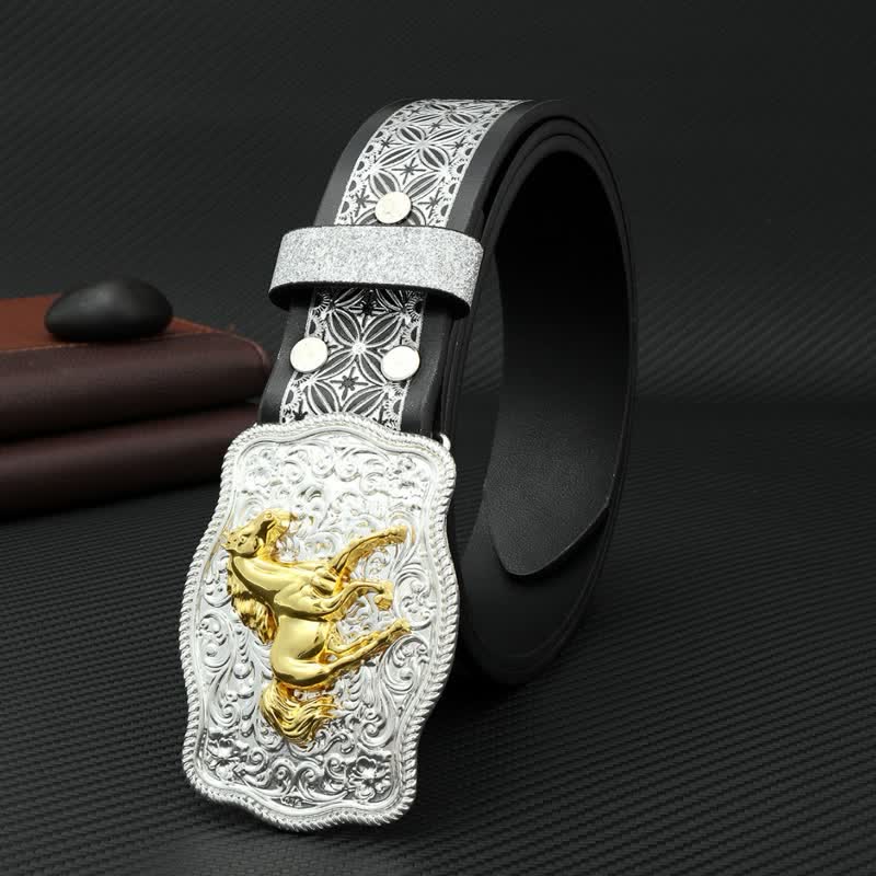 Ceinture en cuir gaufré à motif cheval de course argenté pour homme