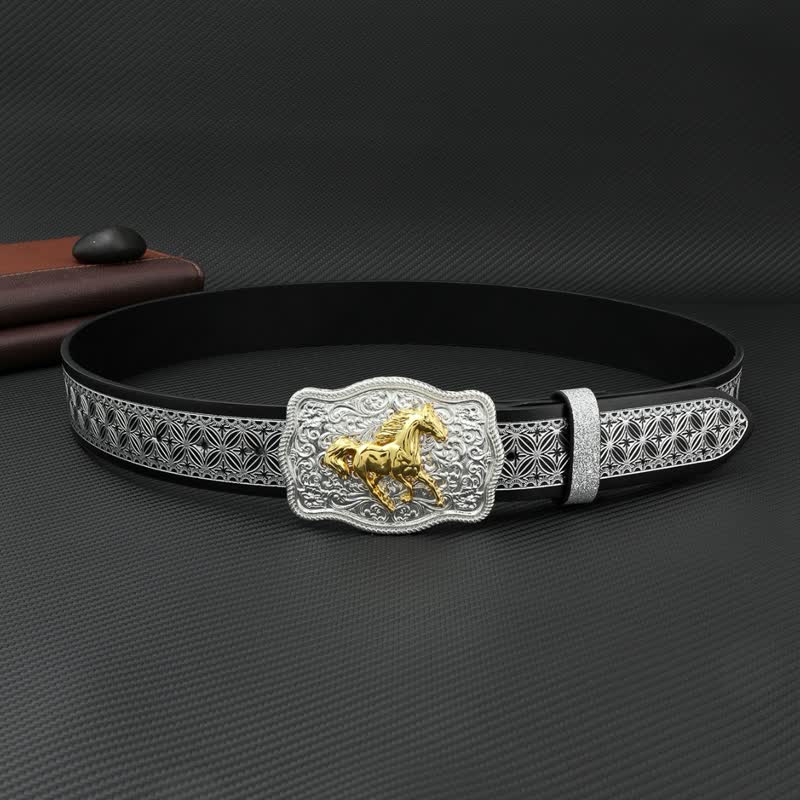 Ceinture en cuir gaufré à motif cheval de course argenté pour homme