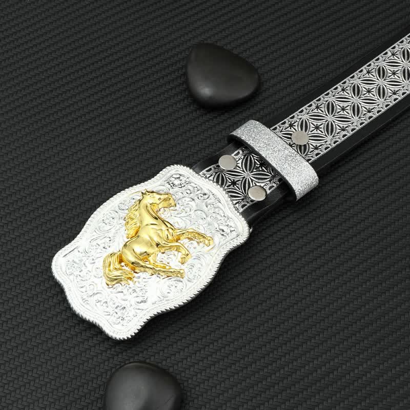 Ceinture en cuir gaufré à motif cheval de course argenté pour homme