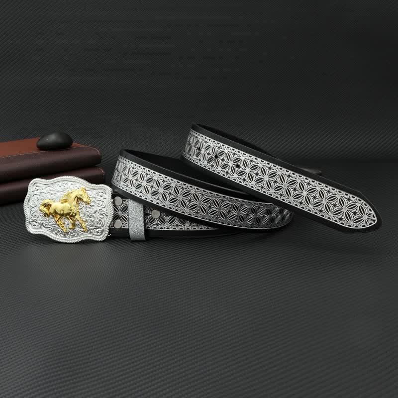 Ceinture en cuir gaufré à motif cheval de course argenté pour homme