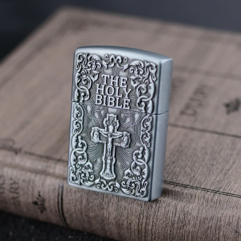 Briquet au butane rechargeable avec meule en croix de la Sainte Bible