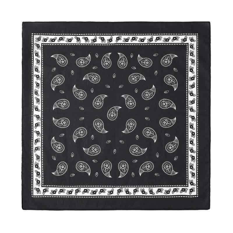 Foulard carré noir à motif cachemire avec boucle en cuir motif lion