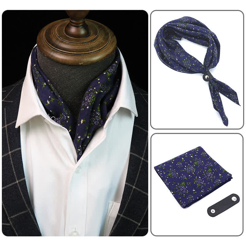 Foulard carré fleuri bleu marine et violet avec boucle pour foulard