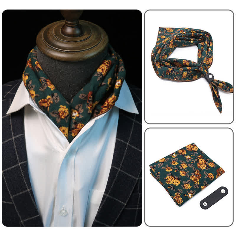 Foulard carré fleuri vert foncé et jaune avec boucle pour foulard