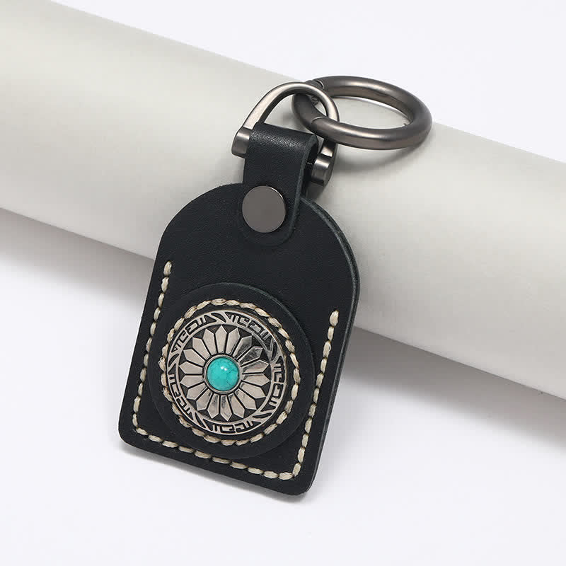 Charmant porte-clés en cuir turquoise à motif de fleurs bohèmes