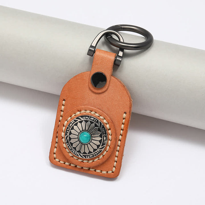 Charmant porte-clés en cuir turquoise à motif de fleurs bohèmes
