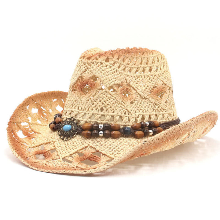 Chapeau de paille style cow-boy avec perles creuses style bohème