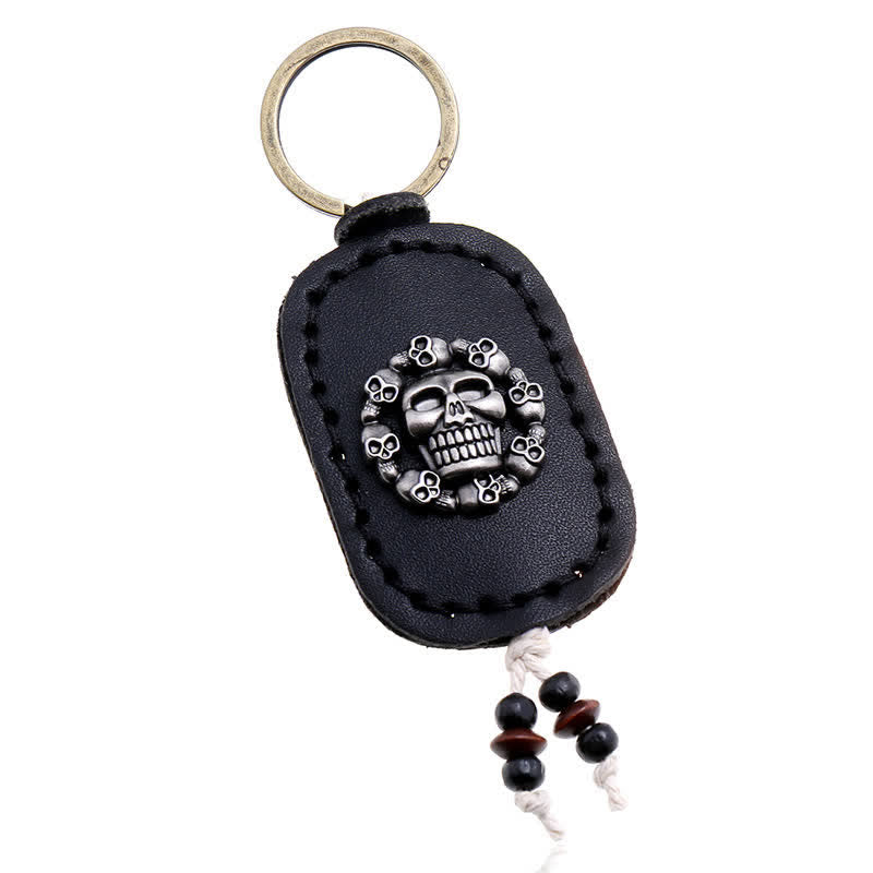 Porte-clés en cuir avec pendentif de style gothique en forme de crâne ovale