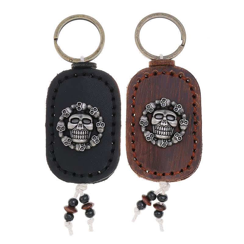 Porte-clés en cuir avec pendentif de style gothique en forme de crâne ovale