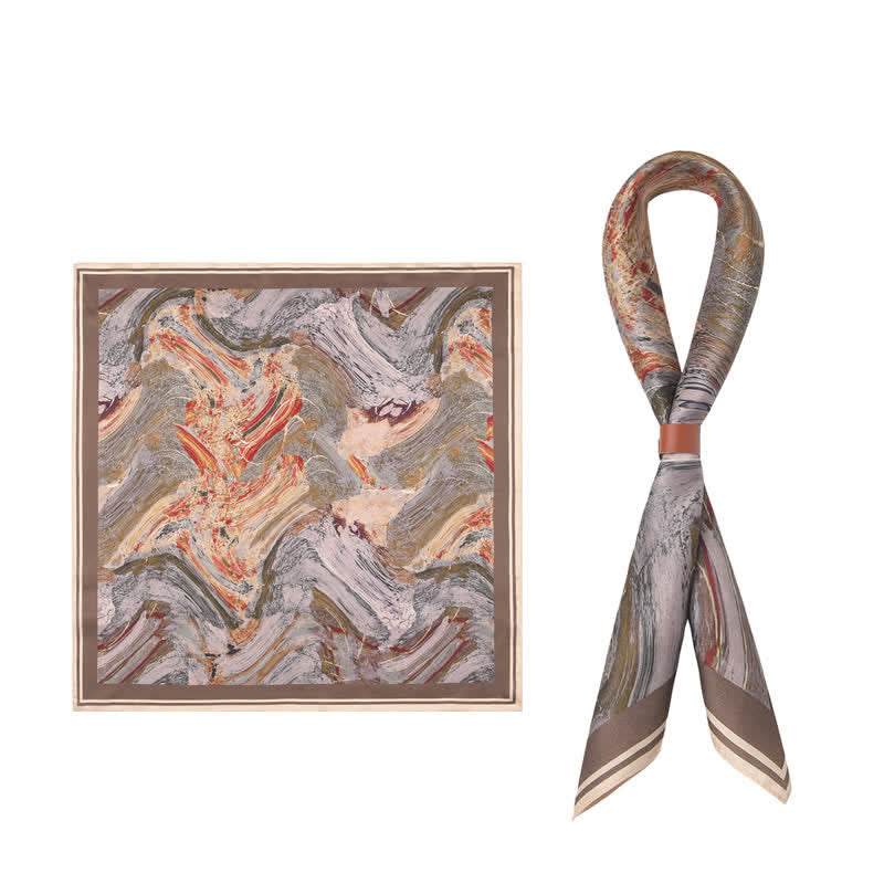 Foulard carré à motif de tourbillons peints à l'huile marron et kaki foncé