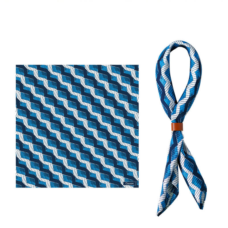 Foulard carré à motif géométrique ondulé bleu et blanc