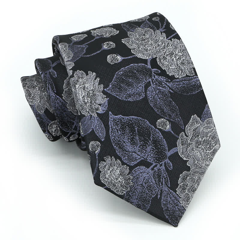 Cravate élégante à motif floral et feuilles pour homme, bleu marine et marron