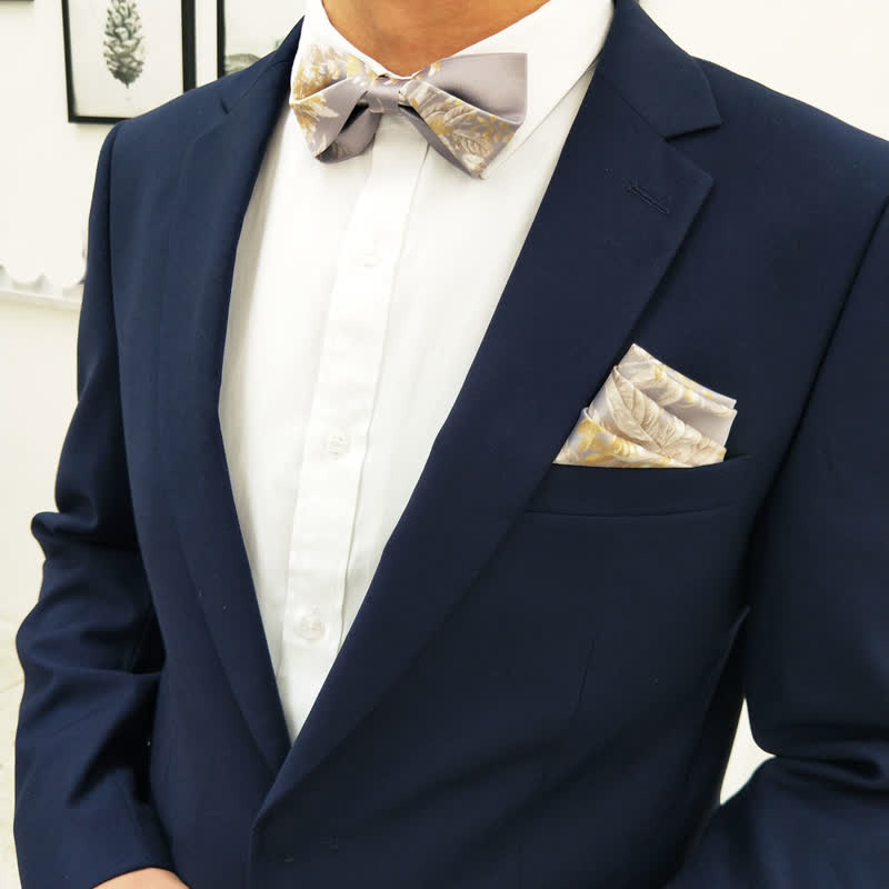 Nœud papillon élégant à motif floral gris, jaune et blanc pour homme