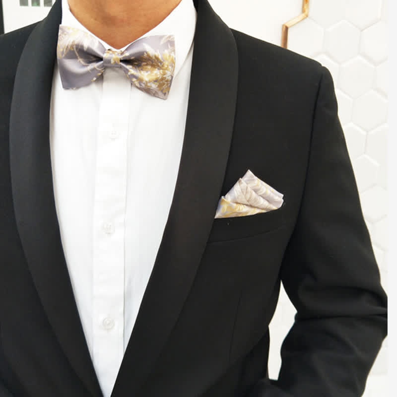 Nœud papillon élégant à motif floral gris, jaune et blanc pour homme