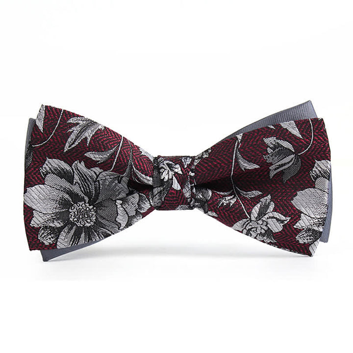 Nœud papillon double épaisseur pour homme avec pivoines bordeaux et grises
