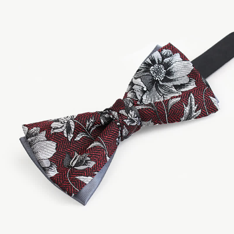 Nœud papillon double épaisseur pour homme avec pivoines bordeaux et grises