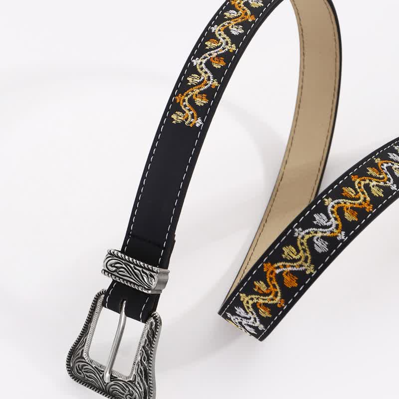 Ceinture en cuir brodée noire, orange et blanche pour femme