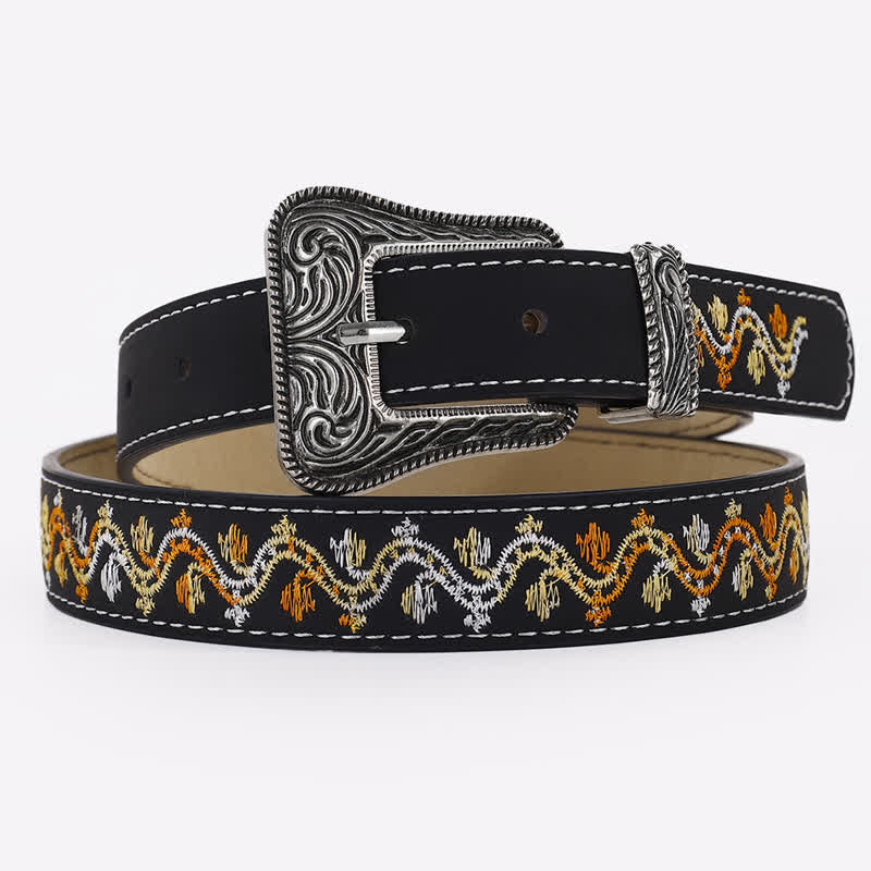 Ceinture en cuir brodée noire, orange et blanche pour femme
