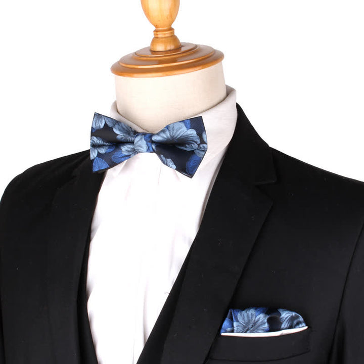 Lot de 2 mouchoirs de poche et nœuds papillon à motif floral bleu et bleu marine pour homme