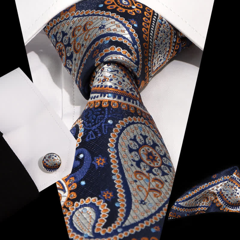Lot de 3 cravates en jacquard à motif cachemire bleu marine, blanc et orange pour homme