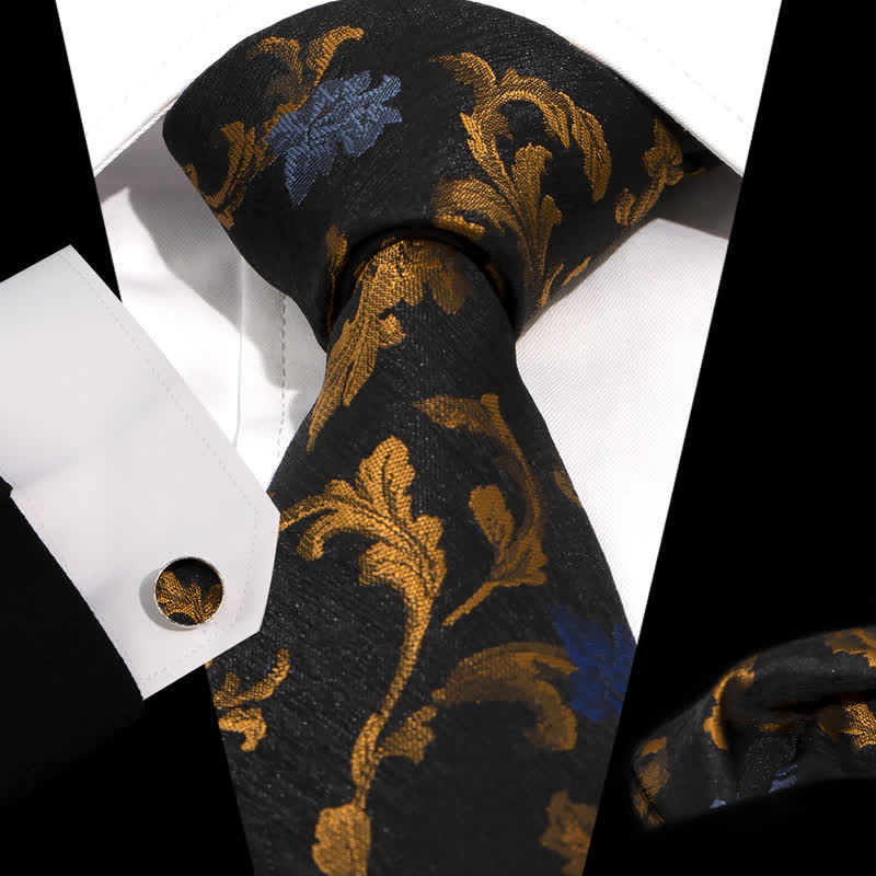 Ensemble de 3 cravates pour hommes à feuilles noires et dorées et à fleurs bleues