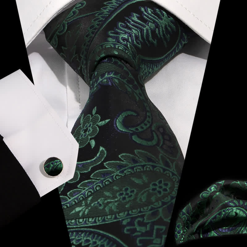 Ensemble de 3 cravates mystérieuses à motif cachemire vert foncé et noir pour homme