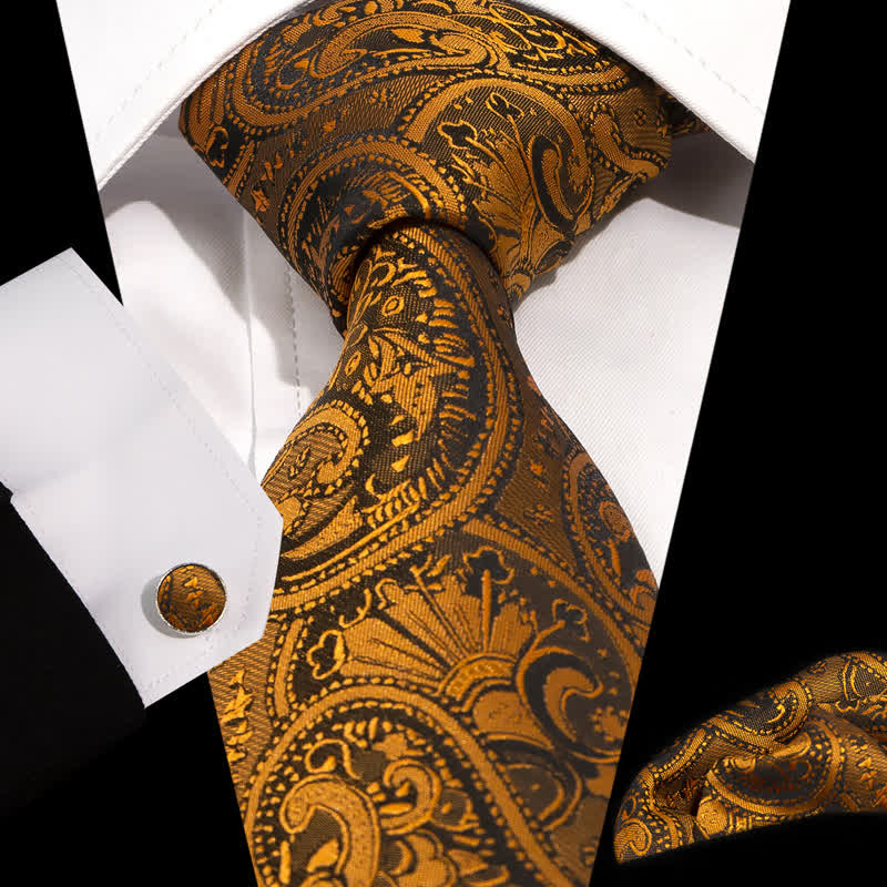 Ensemble de 3 cravates luxueuses à motif cachemire doré et noir pour homme