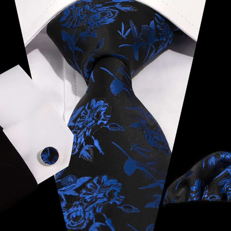 Ensemble de 3 cravates pour hommes bleu roi et noir à motifs de fleurs et de feuilles
