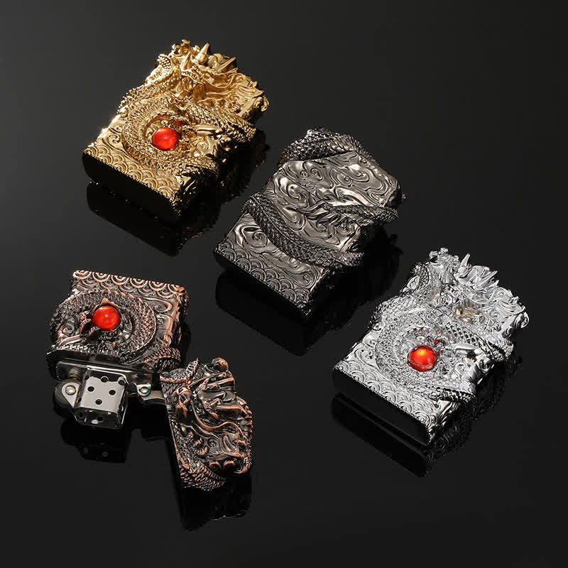 Briquet à pétrole rechargeable au design rétro sculpté en forme de dragon