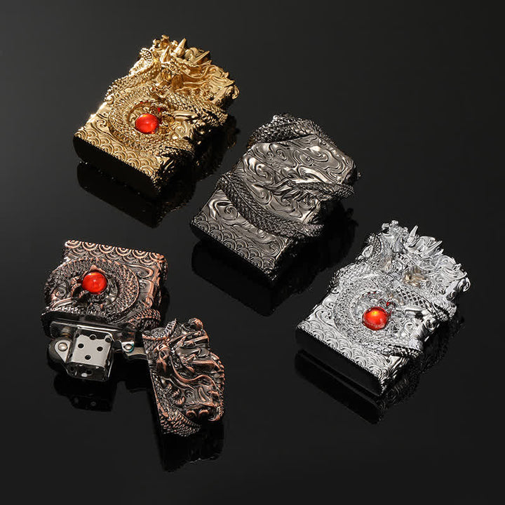 Briquet à pétrole rechargeable au design rétro sculpté en forme de dragon