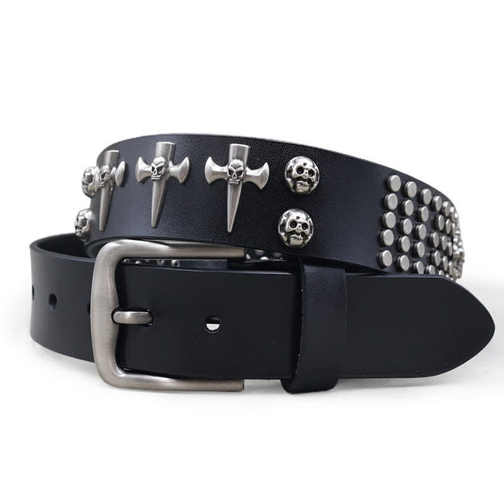 Ceinture en cuir cloutée punk rock à 3 rangées avec croix et tête de mort