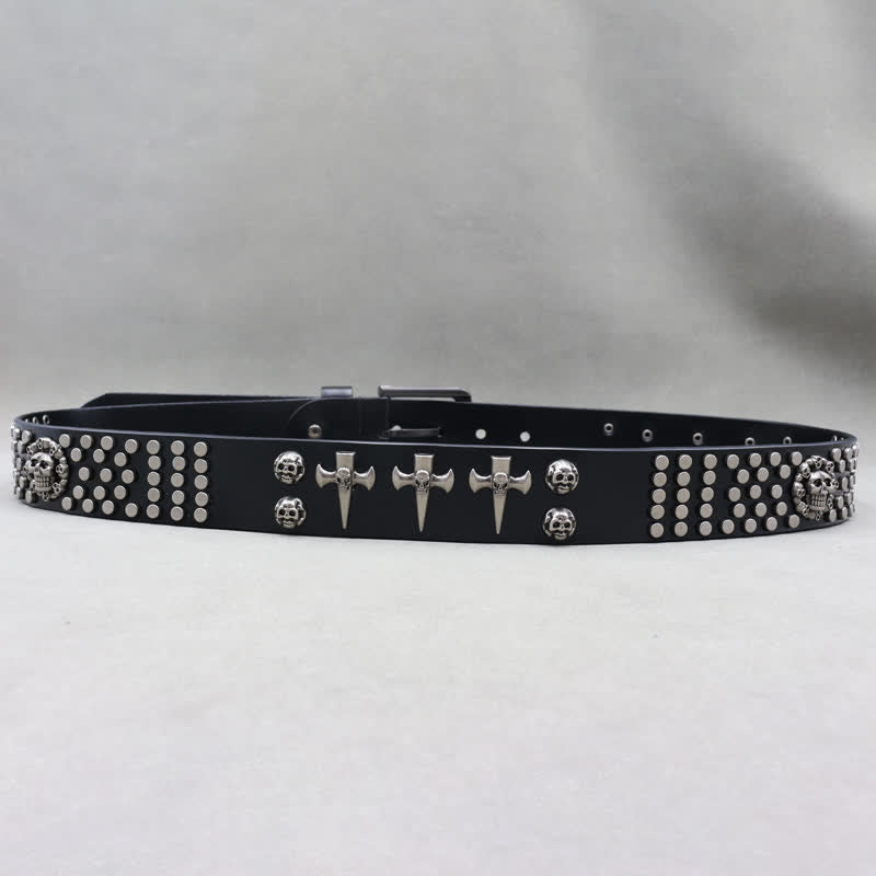Ceinture en cuir cloutée punk rock à 3 rangées avec croix et tête de mort