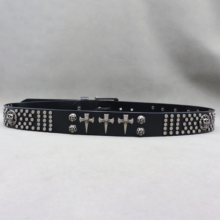 Ceinture en cuir cloutée punk rock à 3 rangées avec croix et tête de mort