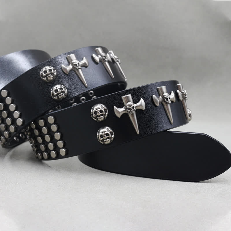 Ceinture en cuir cloutée punk rock à 3 rangées avec croix et tête de mort