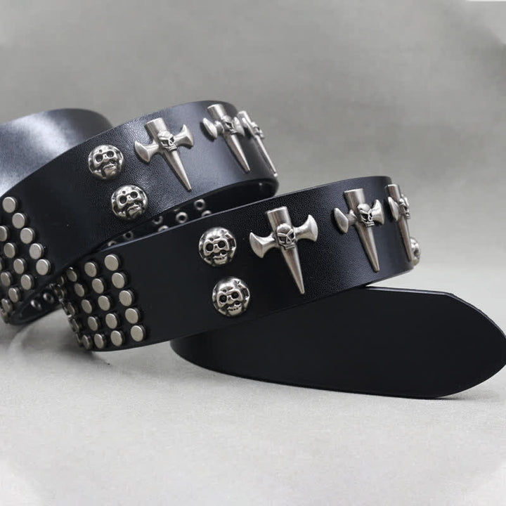 Ceinture en cuir cloutée punk rock à 3 rangées avec croix et tête de mort