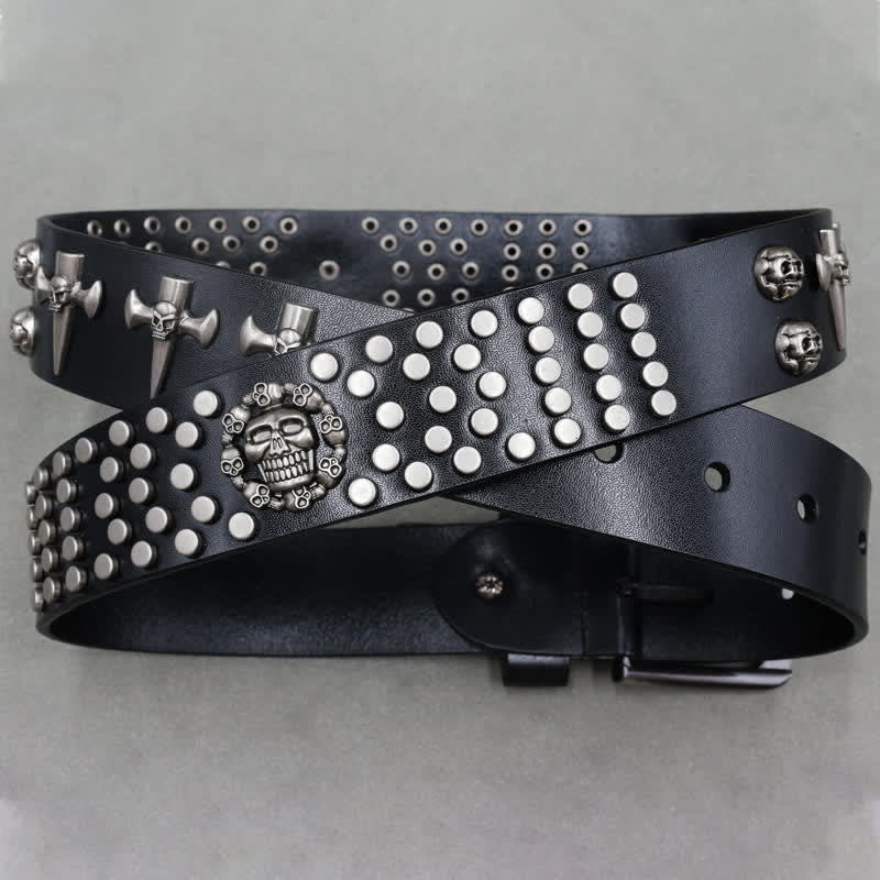 Ceinture en cuir cloutée punk rock à 3 rangées avec croix et tête de mort